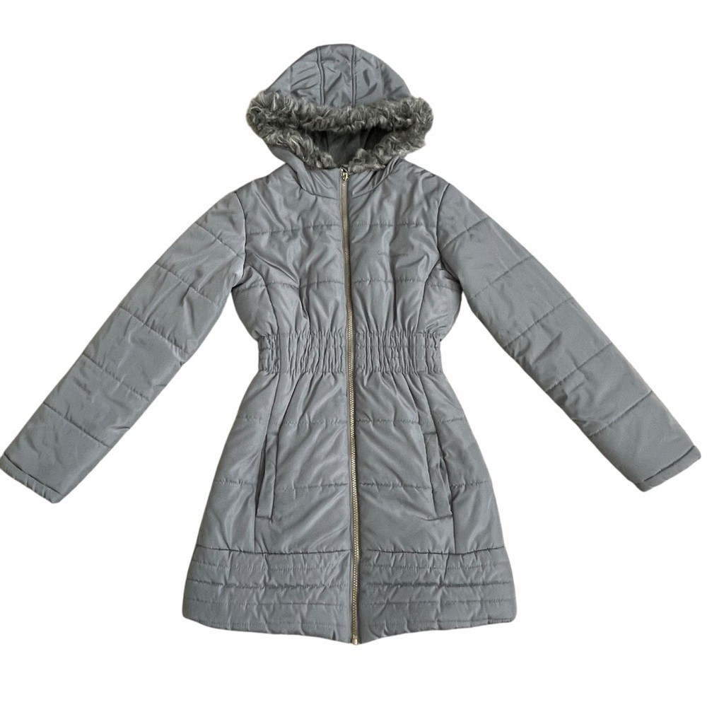 Calvin Klein Puffer Long Jacket Coat Girls Size L 12-14 Grey Faux Fur Trim Hood